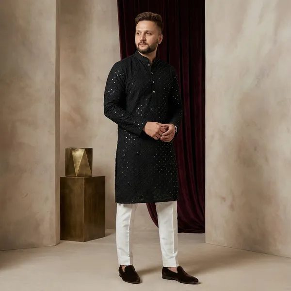 Black_Cotton_Mirror_Work_Embellished_Kurta_For_Men