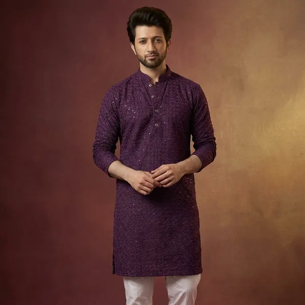 Purple_Cotton_Embroidered_Full_Sleeve_Kurta_Set_For_Men