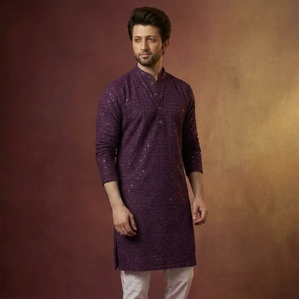 Purple_Cotton_Embroidered_Full_Sleeve_Kurta_Set_For_Men