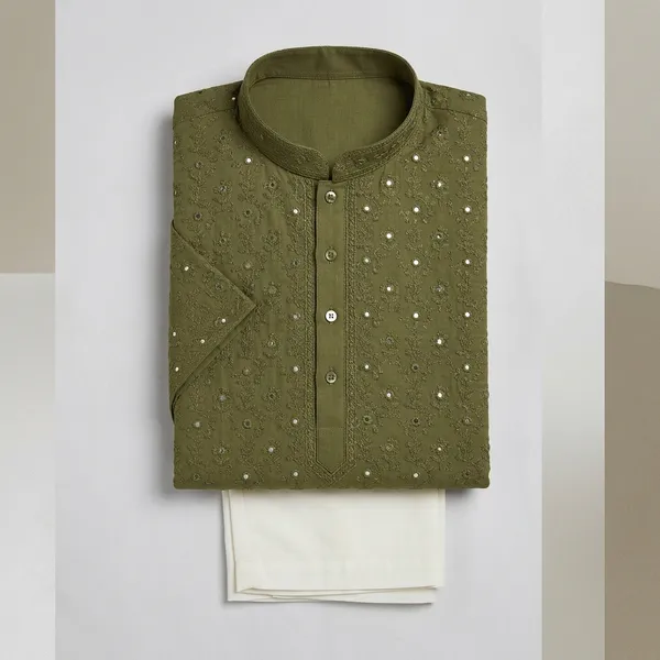 Olive_Green_Cotton_Embellished_Kurta_Pajama_Set_For_Men