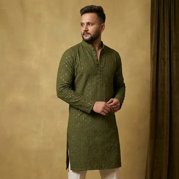 Olive_Green_Cotton_Embellished_Kurta_Pajama_Set_For_Men