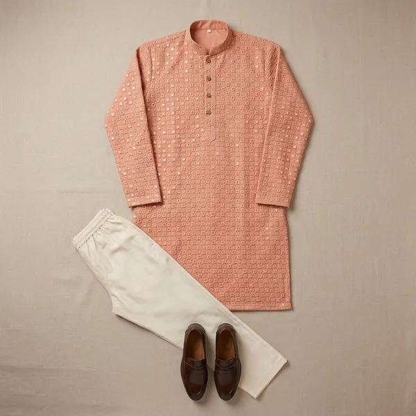 Peach_Cotton_Embroidered_Kurta_Pajama_Set_For_Men