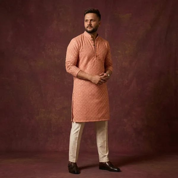 Peach_Cotton_Embroidered_Kurta_Pajama_Set_For_Men