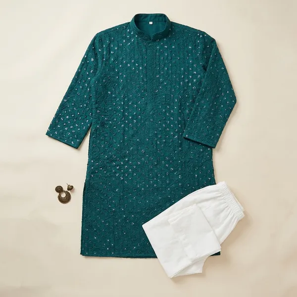 Teal_Cotton_Regular_Fit_Kurta_With_Churidar_For_Men