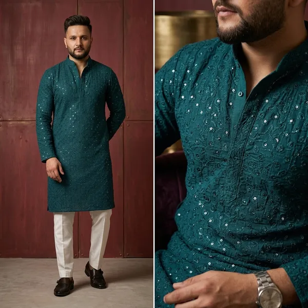 Teal_Cotton_Regular_Fit_Kurta_With_Churidar_For_Men