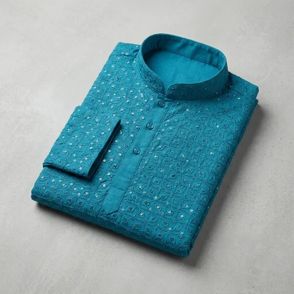 Teal_Blue_Cotton_Sequin_Embellished_Kurta_For_Men