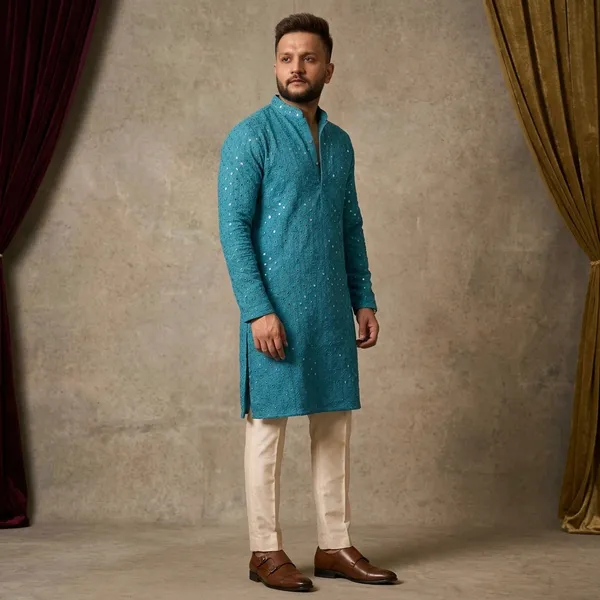 Teal_Blue_Cotton_Sequin_Embellished_Kurta_For_Men
