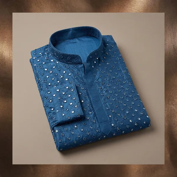 Blue_Silk_Blend_Embellished_Straight_Kurta_For_Men