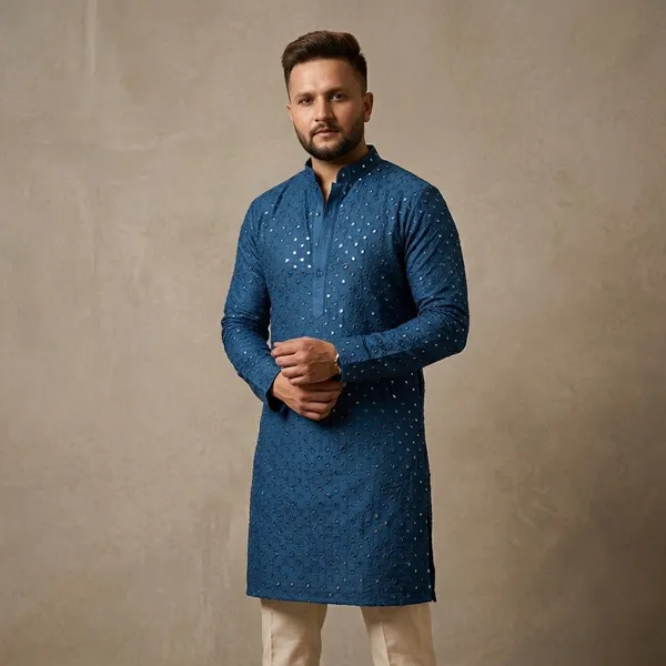 Blue_Silk_Blend_Embellished_Straight_Kurta_For_Men