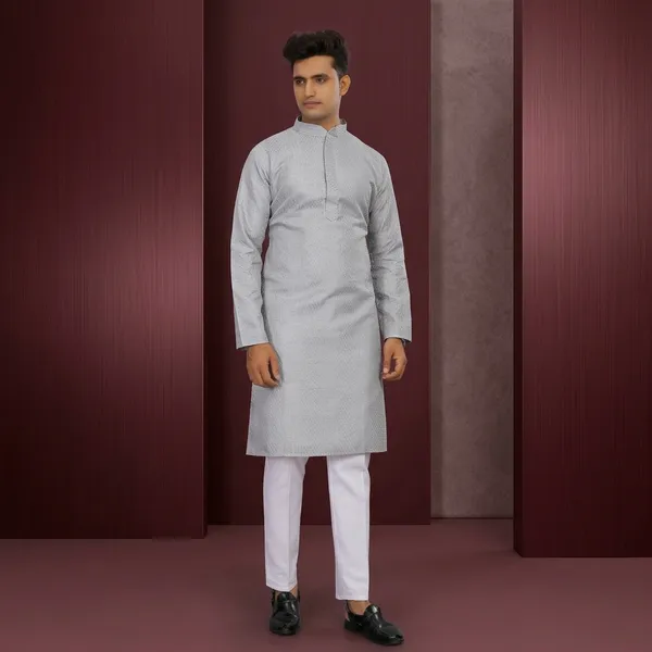 Grey_Cotton_Textured_Kurta_Pajama_Set_For_Men