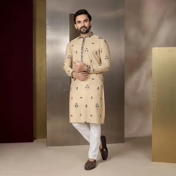 Beige_Cotton_Embroidered_Relaxed_Fit_Kurta_Pajama_Set_For_Men