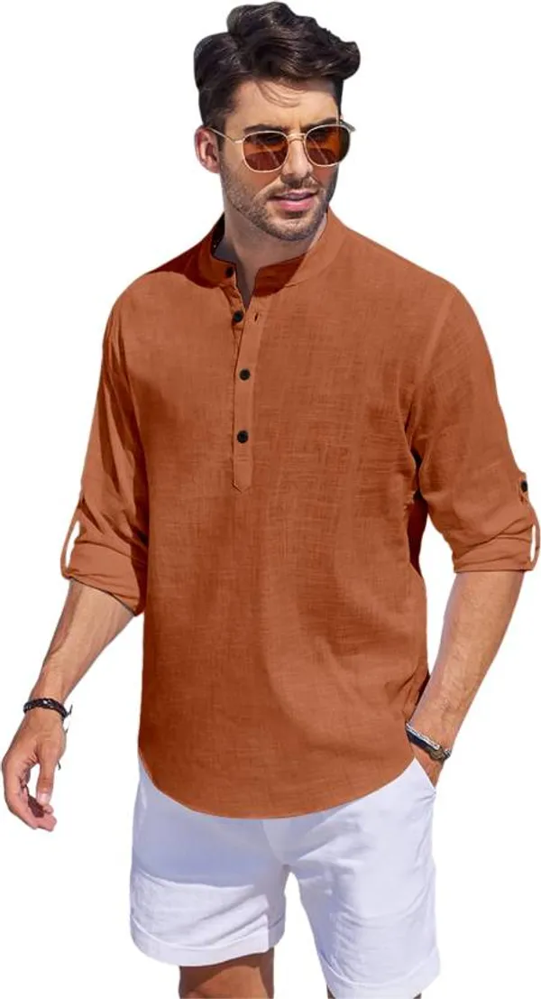 Orange_Cotton_Mandarin_Collar_Kurta_For_Men