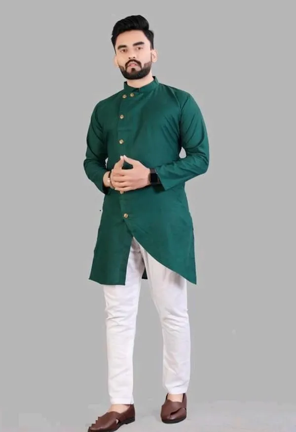 Green_Cotton_Asymmetric_Hem_Kurta_For_Men