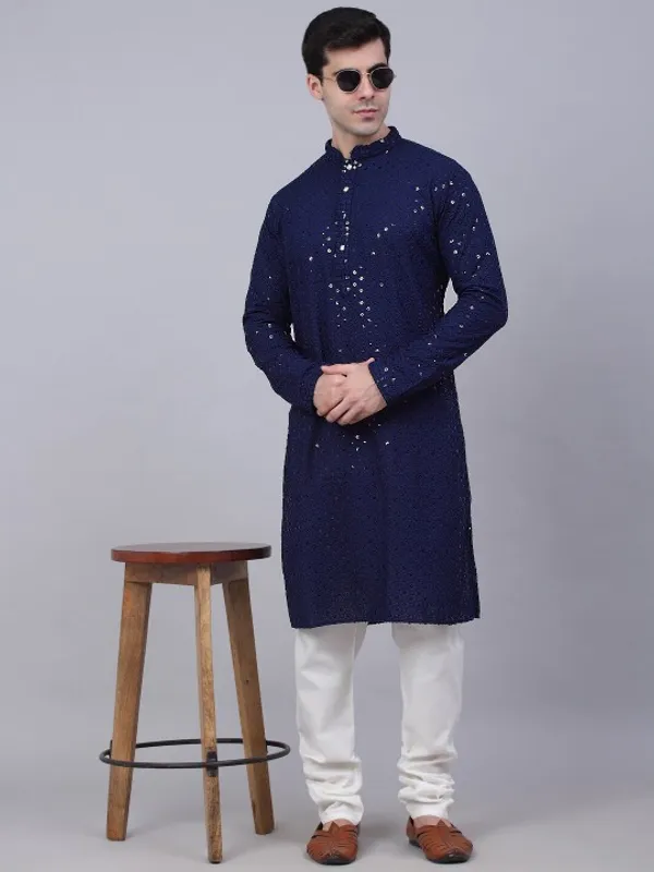 Navy_Blue_Cotton_Sequin_Embellished_Kurta_For_Men