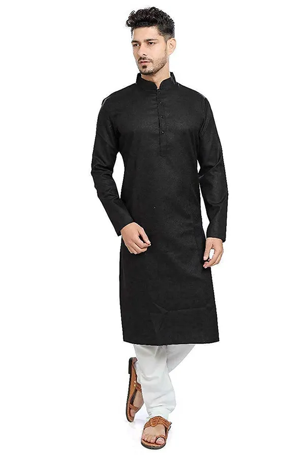 Black_Cotton_Mandarin_Collar_Kurta_Pajama_Set_For_Men