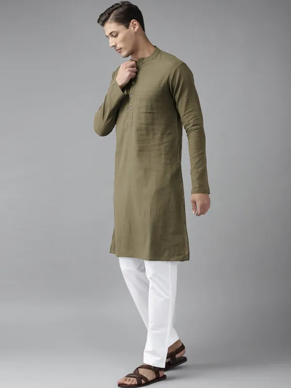 Olive_Green_Cotton_Mandarin_Collar_Kurta_For_Men