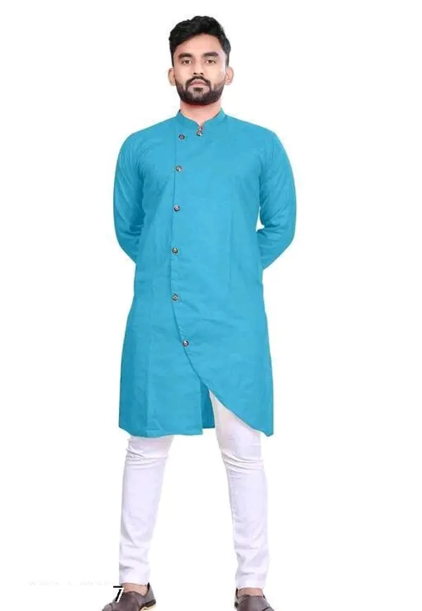 Blue_Cotton_Blend_Mandarin_Collar_Kurta_For_Men