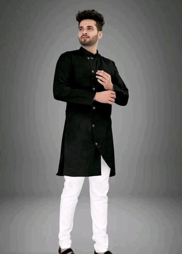 Black_Cotton_Mandarin_Collar_Kurta_For_Men