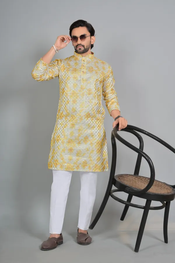 Yellow_Cotton_Relaxed_Floral_Printed_Kurta_For_Men