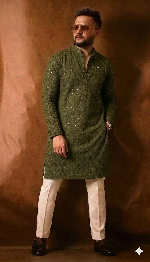 Olive_Green_Cotton_Embellished_Kurta_Pajama_Set_For_Men