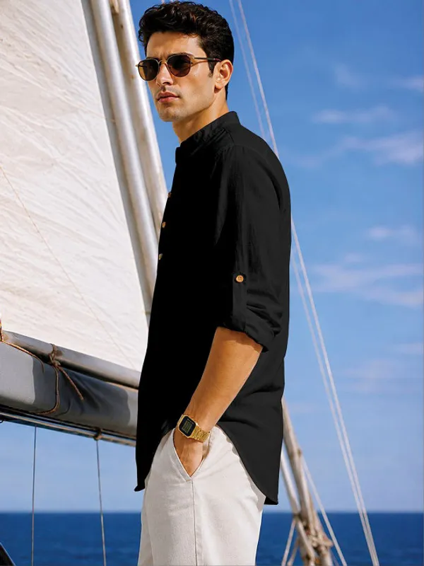 Black_Linen_Mandarin_Collar_Full_Sleeve_Shirt_For_Men