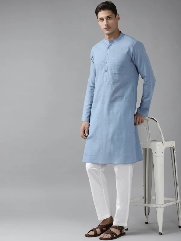 Blue_Cotton_Long_Kurta_With_Mandarin_Collar_For_Men