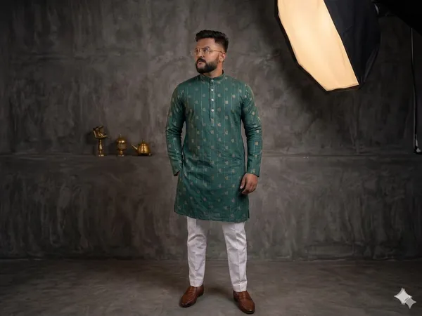 Green_Jacquard_Regular_Fit_Ethnic_Kurta_For_Men