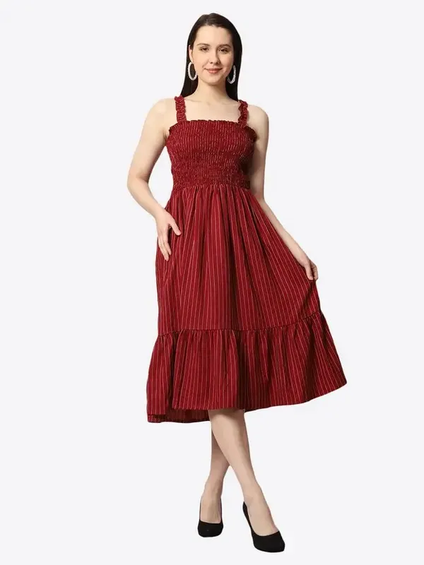 Maroon_Cotton_Smocked_Striped_Midi_Dress_For_Women
