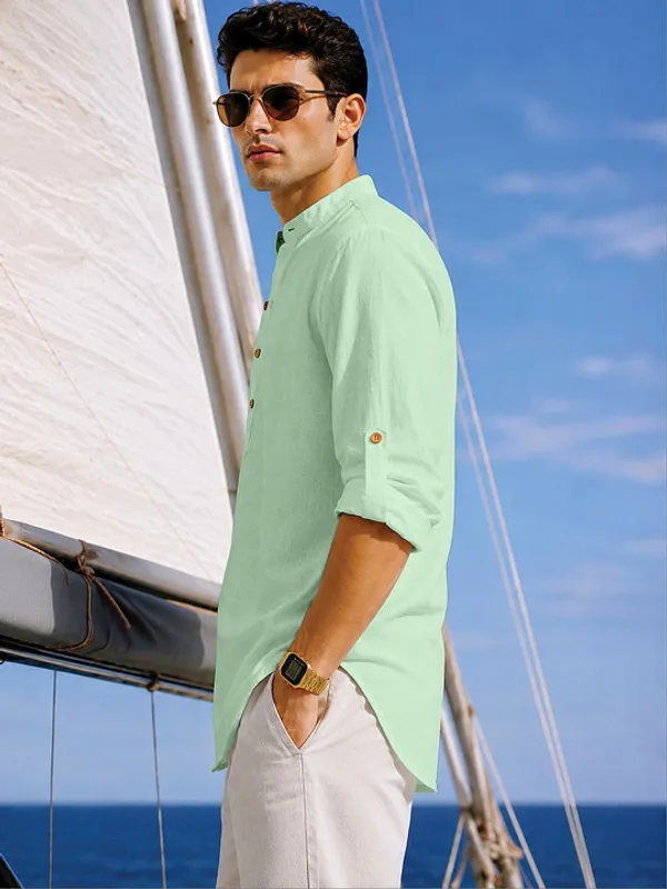 Mint_Green_Linen_Mandarin_Collar_Shirt_For_Men