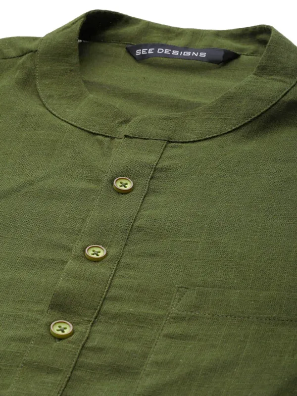 Olive_Green_Cotton_Long_Kurta_For_Men