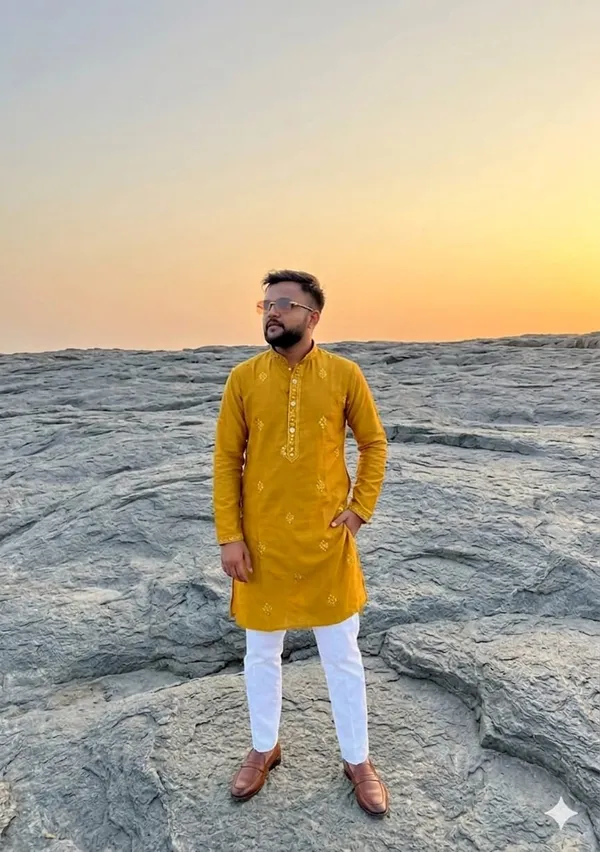 Yellow_Cotton_Relaxed_Fit_Embroidered_Kurta_For_Men