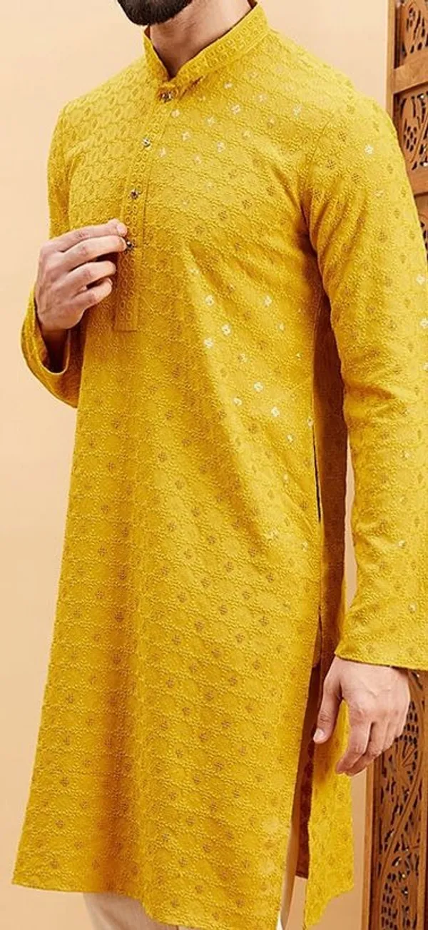 Yellow_Embroidered_Rayon_Straight_Kurta_Set_For_Men