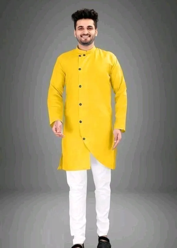 Yellow_Cotton_Full_Sleeve_Mandarin_Collar_Kurta_For_Men