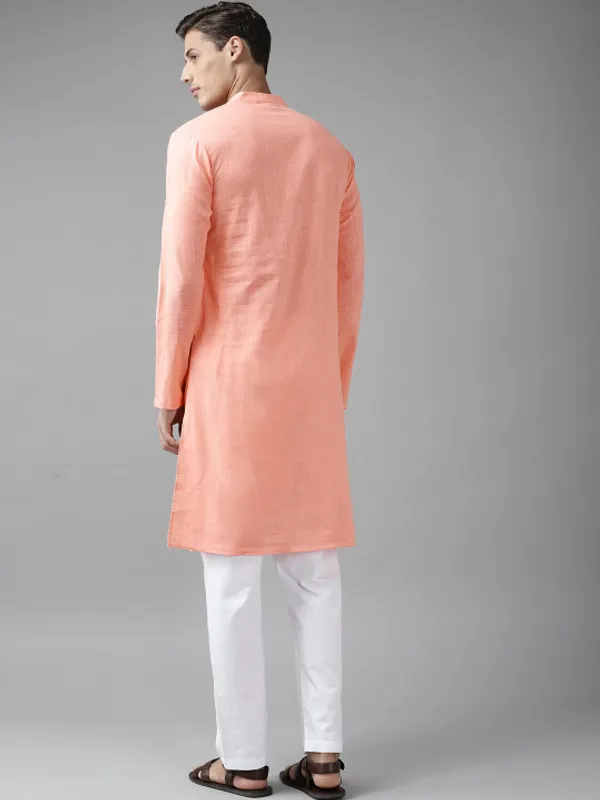 Peach_Cotton_Slub_Solid_Kurta_For_Men