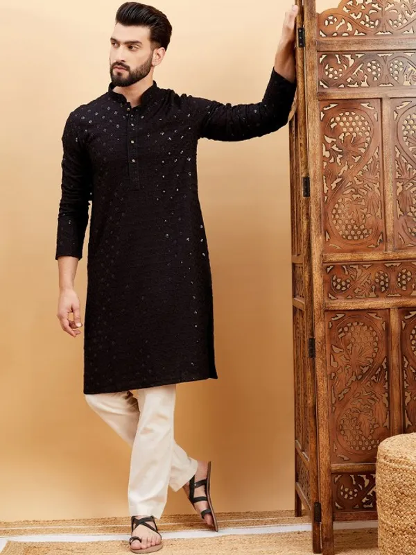 Black_Cotton_Mirror_Work_Embroidered_Kurta_Pajama_Set_For_Men