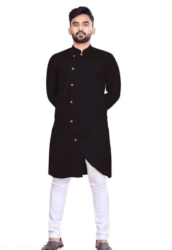 Black_Cotton_Mandarin_Collar_Straight_Kurta_For_Men