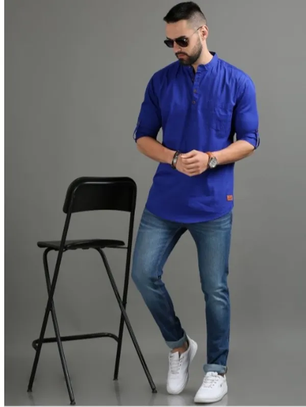 Royal_Blue_Cotton_Short_Kurta_For_Men