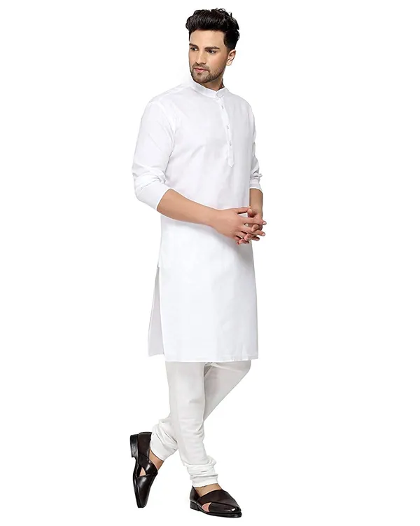 White_Cotton_Mandarin_Collar_Kurta_For_Men