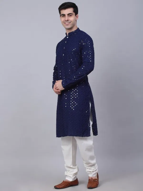 Navy_Blue_Cotton_Sequin_Embellished_Kurta_For_Men