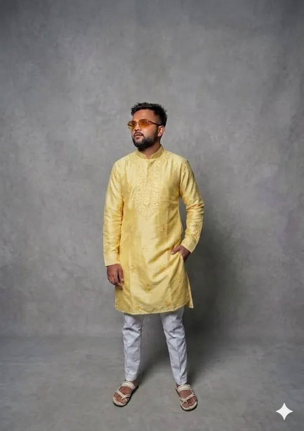 Yellow_Cotton_Relaxed_Fit_Embroidered_Kurta_Set_For_Men