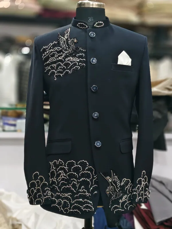 Black_Cotton_Embroidered_Dragon_Bandhgala_Blazer_For_Men