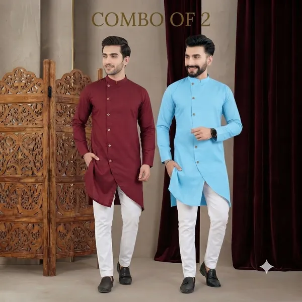 Marun_and_sky_blue_Collar_Regular_Fit_Kurta_For_Men_Combo_of_2