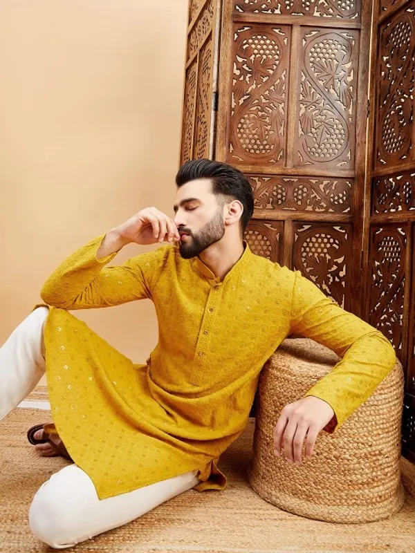 Yellow_Embroidered_Rayon_Straight_Kurta_Set_For_Men