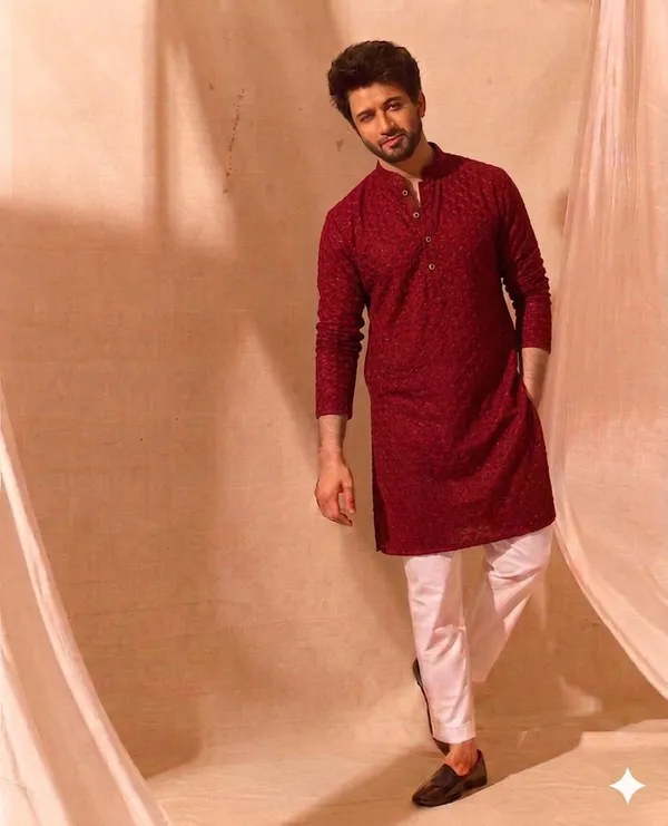 Maroon_Cotton_Straight_Embroidered_Kurta_Pajama_Set_For_Men
