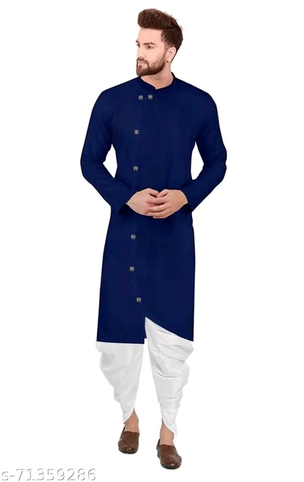 Navy_Blue_Cotton_Blend_Mandarin_Collar_Kurta_Dhoti_Set_For_Men