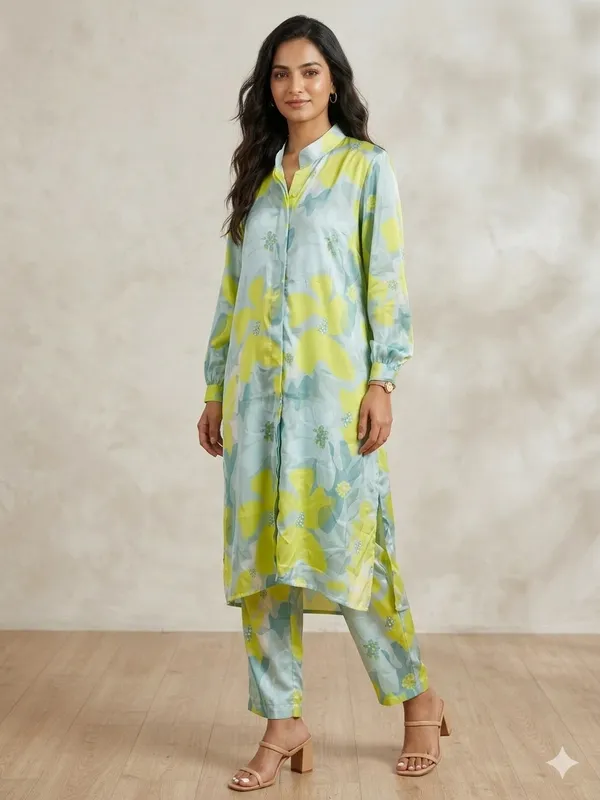 Yellow_Blue_Chinnon_Floral_Printed_Kurta_Set_For_Women