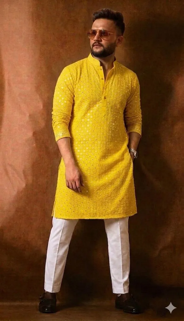 Yellow_Rayon_Embroidered_Mirror_Work_Kurta_Pajama_Set_For_Men