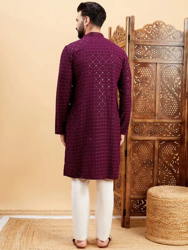 Maroon_Rayon_Regular_Fit_Sequin_Embroidered_Kurta_For_Men