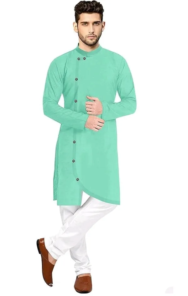 Sea_Green_Cotton_Asymmetric_Kurta_Set_For_Men