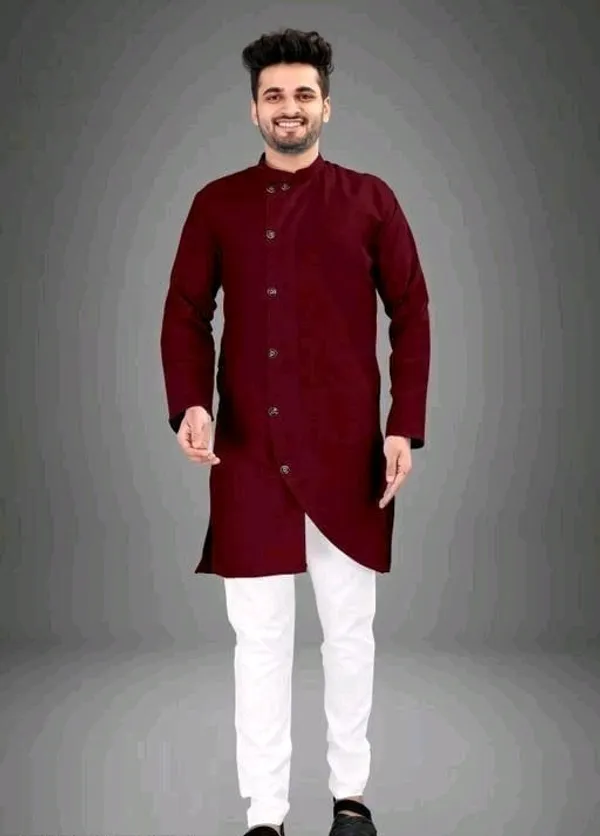 Maroon_Cotton_Blend_Mandarin_Collar_Kurta_For_Men